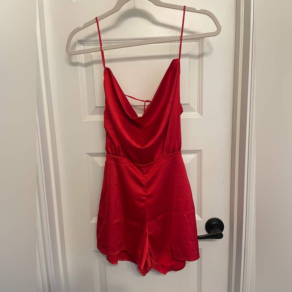 bright red backless romper